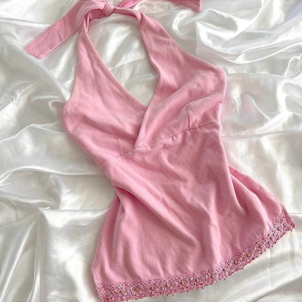 Energie Pink Halter Top Y2K Surplice V-Neck Crochet Sequin Lace Hem Large